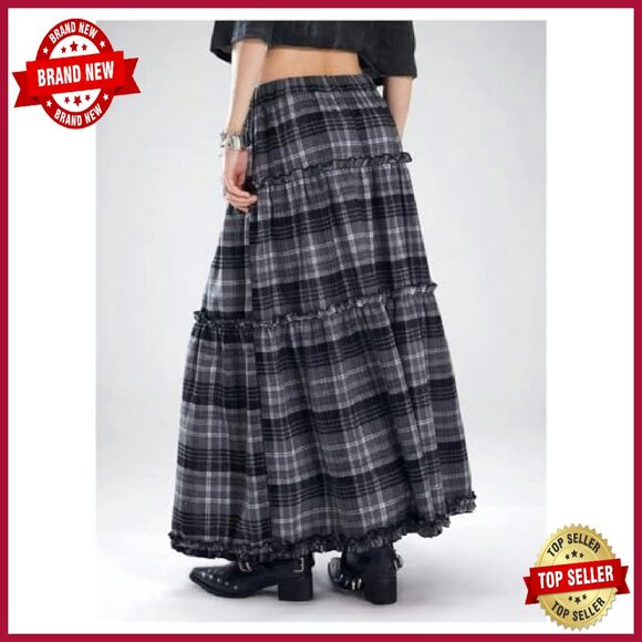 Vintage Grunge Gingham Plaid Tiered Maxi Skirt Ruffle A-Line - Picture 3 of 5
